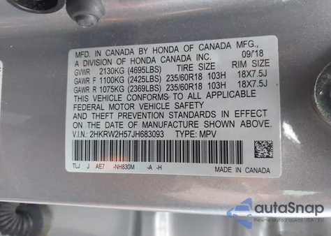 2018 Honda Cr-V Ex из США, поврежденный, VIN 2HKRW2H57JH683093